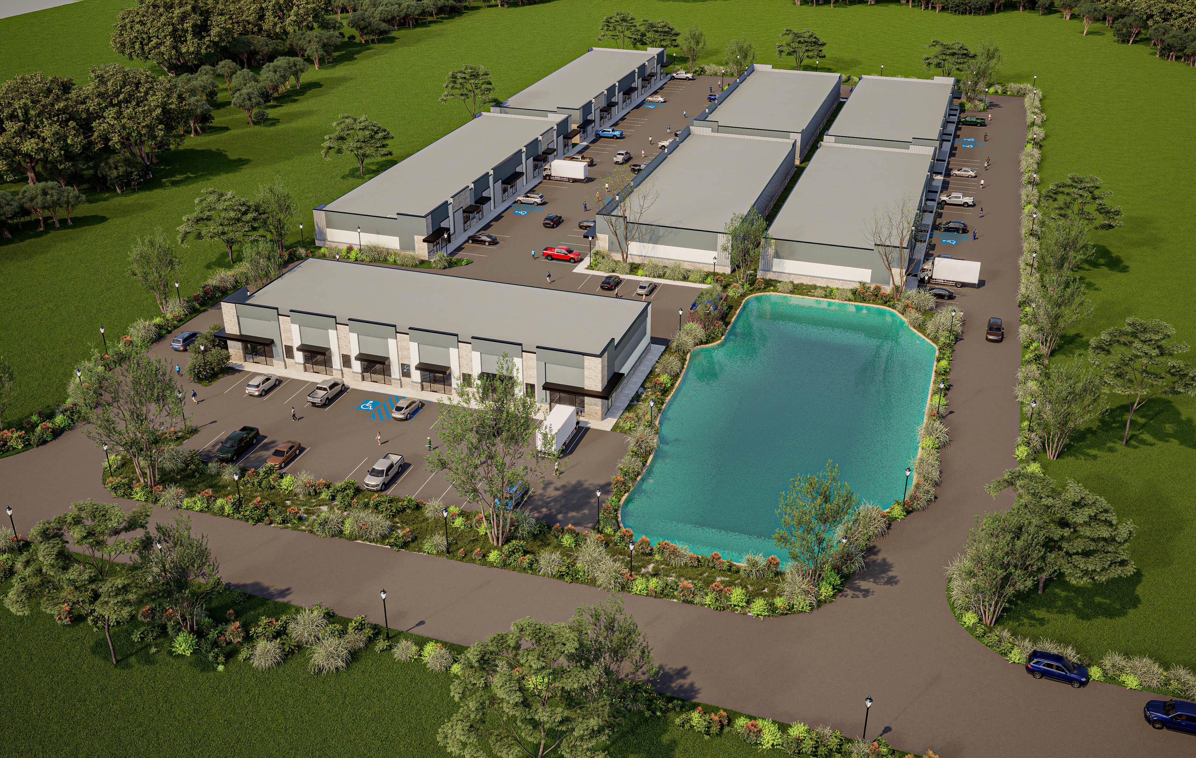 Aerial view of full Rockwall FlexSpace Center three-building campus with retention pond, Rockwall TX