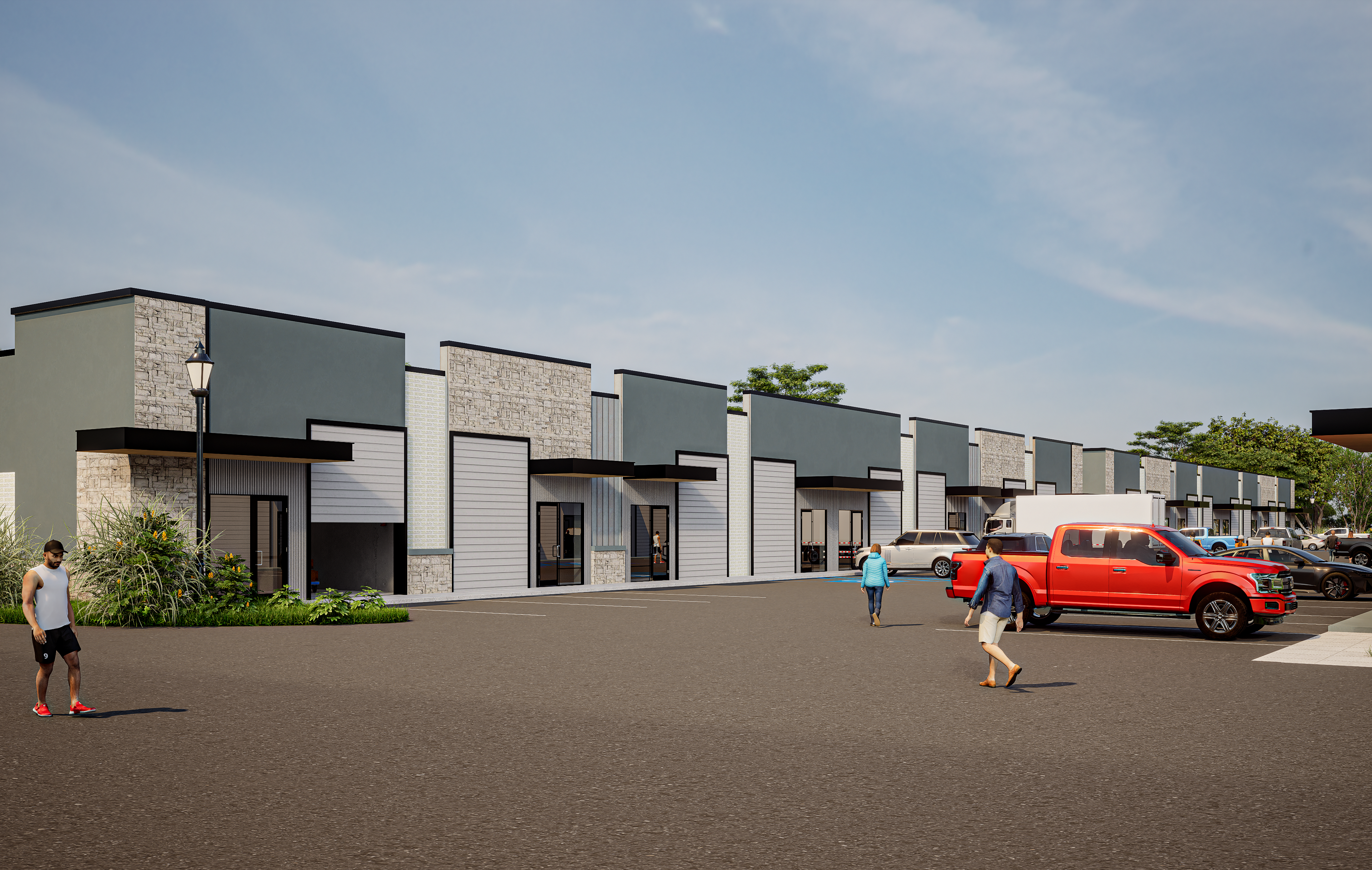 Office warehouse units with grade-level bay doors and man-doors at Rockwall FlexSpace Center, Rockwall TX